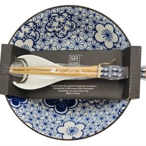 SH Home Ceramic Ramen Noodle Bowl Set‎ Chopsticks & Spoon Blue White Floral